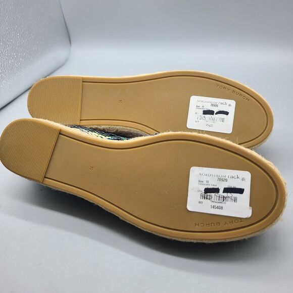 Tory Burch women flats sz 10 sequin espadrilles ivory green logo new - Picture 11 of 13